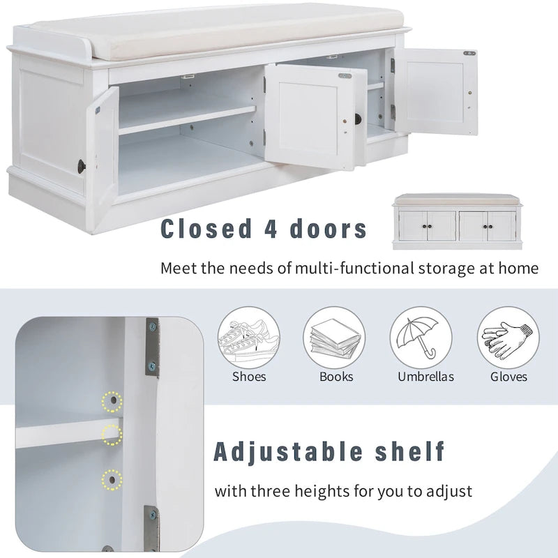 Storage Shoes Bench with 4 Doors and Adjustable Shelves, Removable Cushion