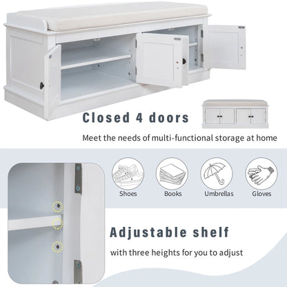 Storage Shoes Bench with 4 Doors and Adjustable Shelves, Removable Cushion