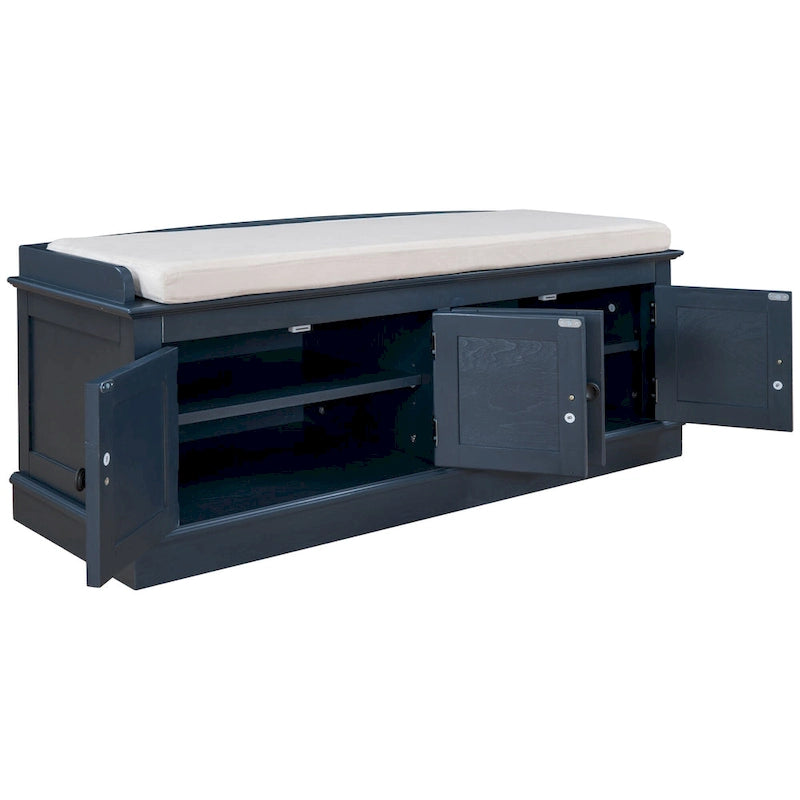 Storage Shoes Bench with 4 Doors and Adjustable Shelves, Removable Cushion