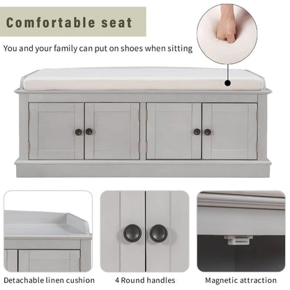 Storage Shoes Bench with 4 Doors and Adjustable Shelves, Removable Cushion