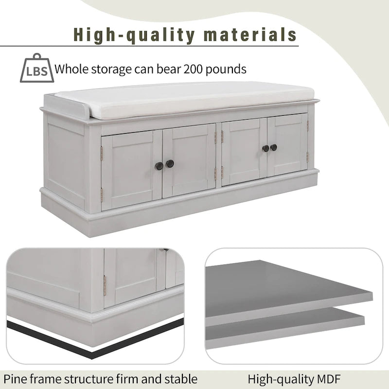 Storage Shoes Bench with 4 Doors and Adjustable Shelves, Removable Cushion