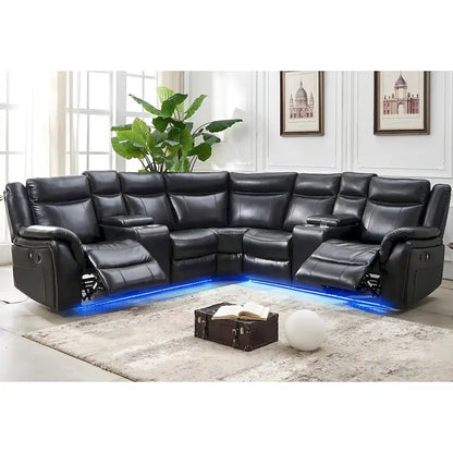 Power Reclining Sectional Sofa Couch with LED Light Recliner Faux Leather L-Shaped Cup Holder,USB Port for Living Room Black
