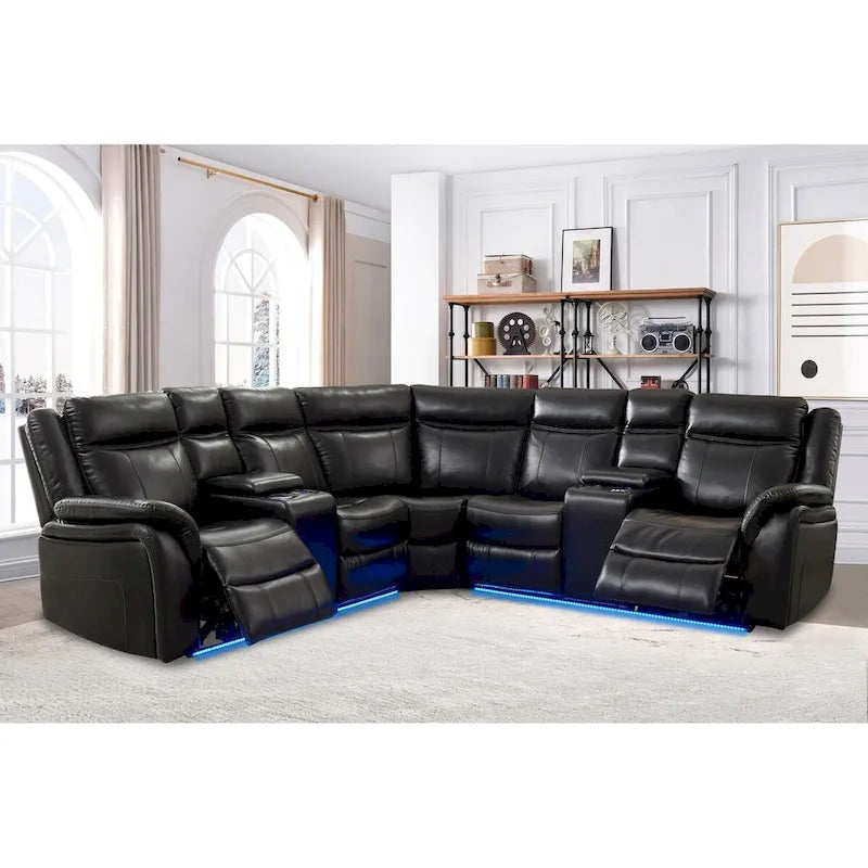 Power Reclining Sectional Sofa Couch with LED Light Recliner Faux Leather L-Shaped Cup Holder,USB Port for Living Room Black