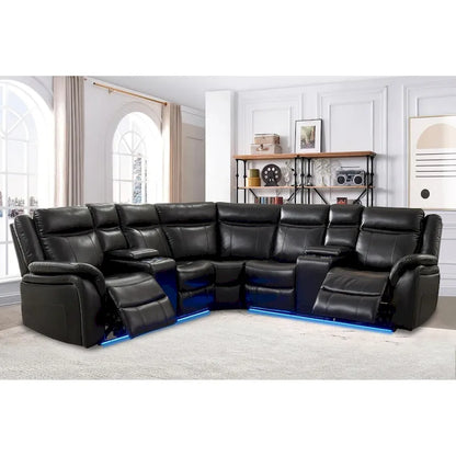 Power Reclining Sectional Sofa Couch with LED Light Recliner Faux Leather L-Shaped Cup Holder,USB Port for Living Room Black