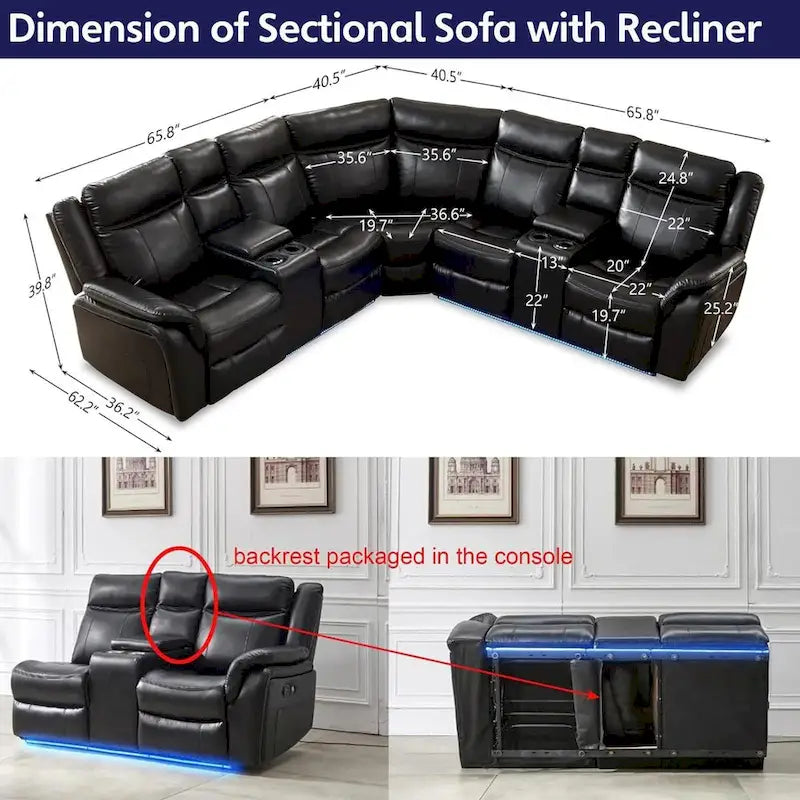 Power Reclining Sectional Sofa Couch with LED Light Recliner Faux Leather L-Shaped Cup Holder,USB Port for Living Room Black