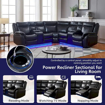 Power Reclining Sectional Sofa Couch with LED Light Recliner Faux Leather L-Shaped Cup Holder,USB Port for Living Room Black