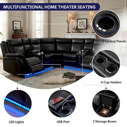 Power Reclining Sectional Sofa Couch with LED Light Recliner Faux Leather L-Shaped Cup Holder,USB Port for Living Room Black