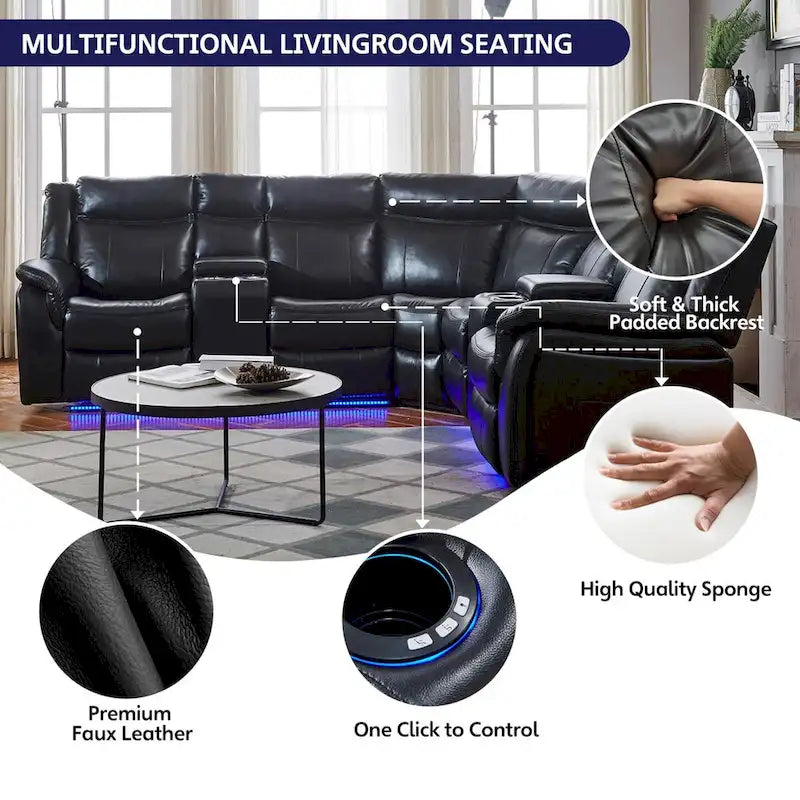Power Reclining Sectional Sofa Couch with LED Light Recliner Faux Leather L-Shaped Cup Holder,USB Port for Living Room Black