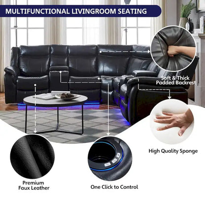 Power Reclining Sectional Sofa Couch with LED Light Recliner Faux Leather L-Shaped Cup Holder,USB Port for Living Room Black