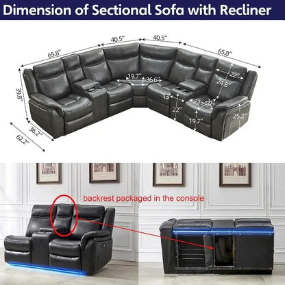 Power Reclining Sectional Sofa Couch with LED Light Recliner Faux Leather L-Shaped Cup Holder,USB Port for Living Room Black