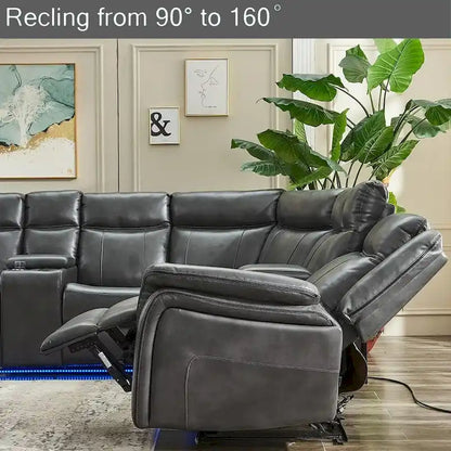 Power Reclining Sectional Sofa Couch with LED Light Recliner Faux Leather L-Shaped Cup Holder,USB Port for Living Room Black