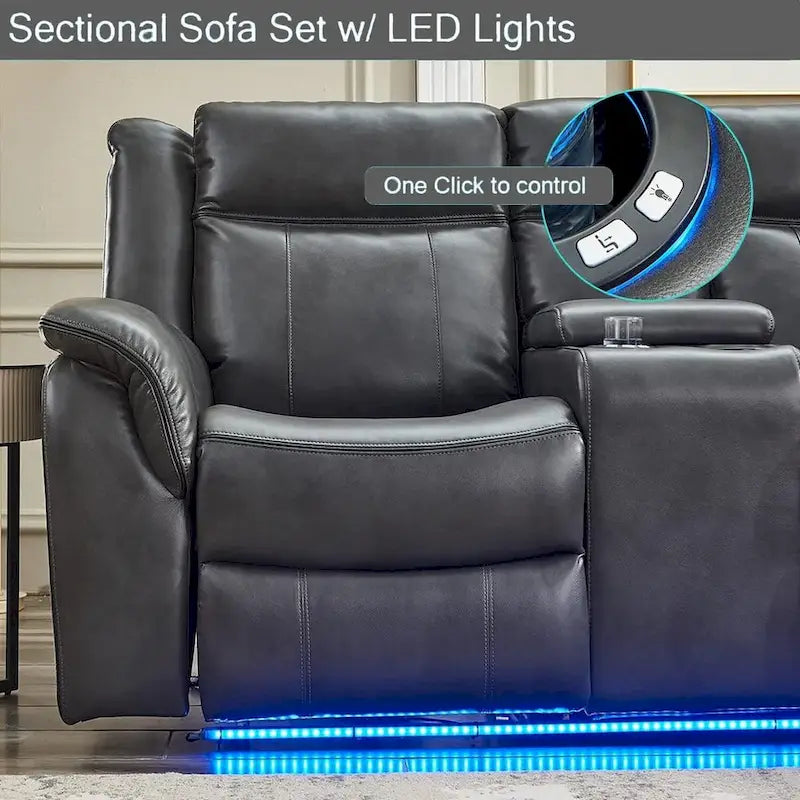 Power Reclining Sectional Sofa Couch with LED Light Recliner Faux Leather L-Shaped Cup Holder,USB Port for Living Room Black