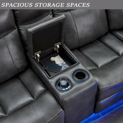 Power Reclining Sectional Sofa Couch with LED Light Recliner Faux Leather L-Shaped Cup Holder,USB Port for Living Room Black