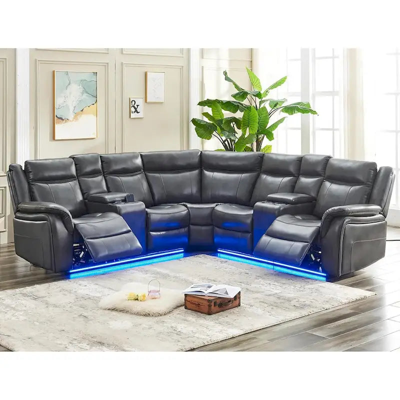 Power Reclining Sectional Sofa Couch with LED Light Recliner Faux Leather L-Shaped Cup Holder,USB Port for Living Room Black