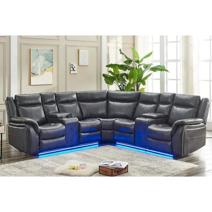 Power Reclining Sectional Sofa Couch with LED Light Recliner Faux Leather L-Shaped Cup Holder,USB Port for Living Room Black