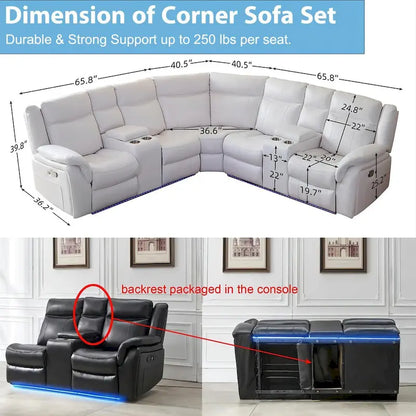 Power Reclining Sectional Sofa Couch with LED Light Recliner Faux Leather L-Shaped Cup Holder,USB Port for Living Room Black
