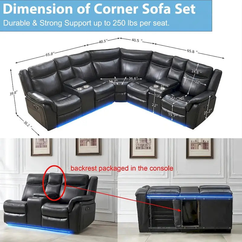 Power Reclining Sectional Sofa Couch with LED Light Recliner Faux Leather L-Shaped Cup Holder,USB Port for Living Room Black
