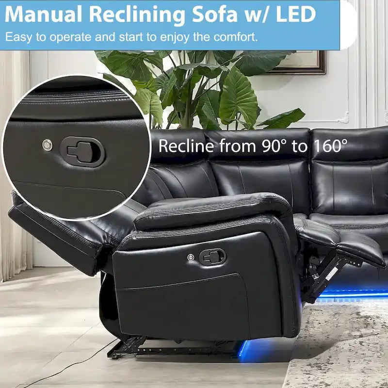 Power Reclining Sectional Sofa Couch with LED Light Recliner Faux Leather L-Shaped Cup Holder,USB Port for Living Room Black