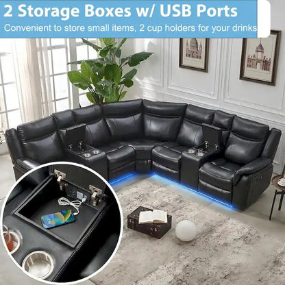 Power Reclining Sectional Sofa Couch with LED Light Recliner Faux Leather L-Shaped Cup Holder,USB Port for Living Room Black