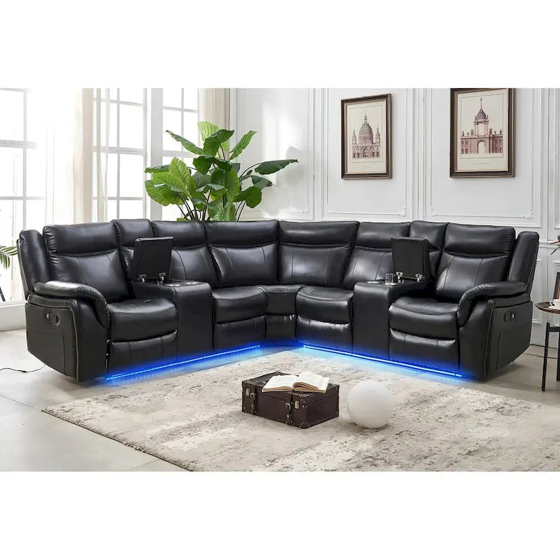 Power Reclining Sectional Sofa Couch with LED Light Recliner Faux Leather L-Shaped Cup Holder,USB Port for Living Room Black