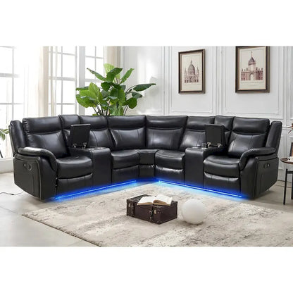 Power Reclining Sectional Sofa Couch with LED Light Recliner Faux Leather L-Shaped Cup Holder,USB Port for Living Room Black