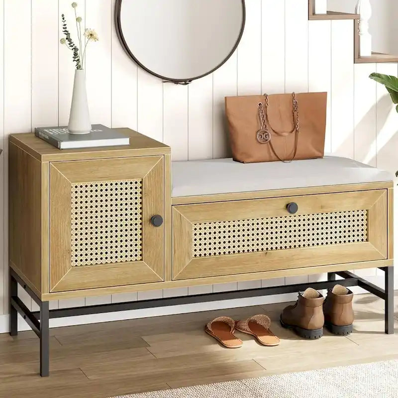 Rattan Shoe Entryway Bench with Linen Seat Cushion
