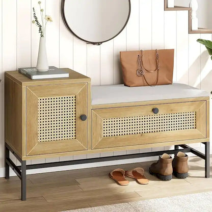 Rattan Shoe Entryway Bench with Linen Seat Cushion