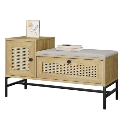 Rattan Shoe Entryway Bench with Linen Seat Cushion