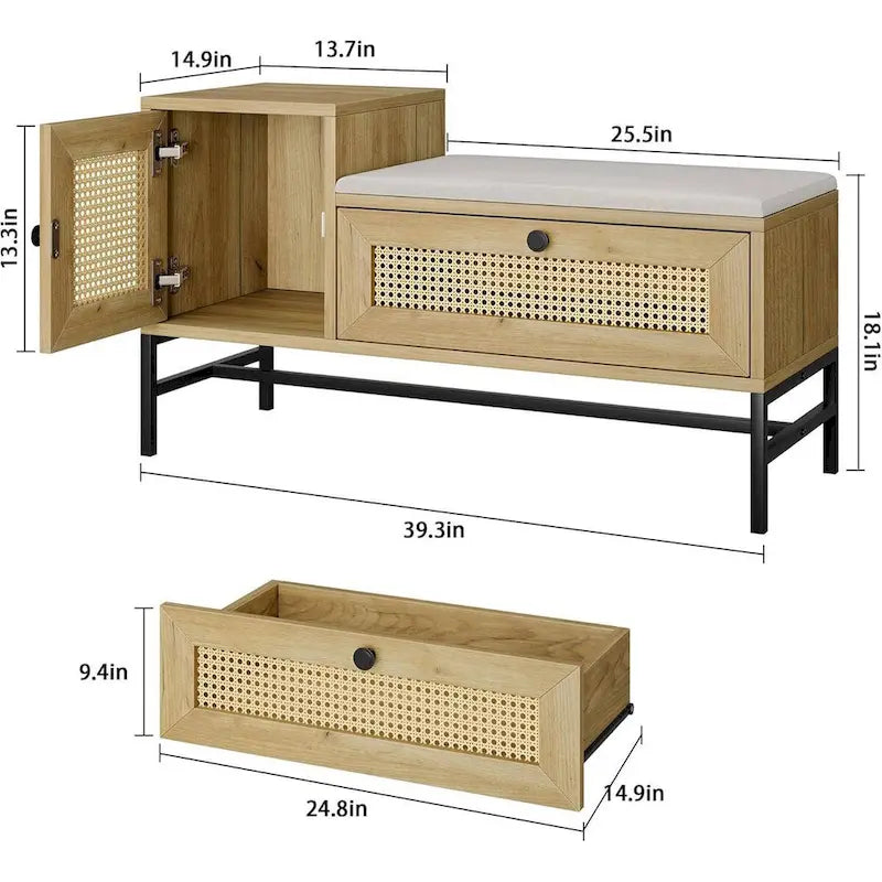 Rattan Shoe Entryway Bench with Linen Seat Cushion