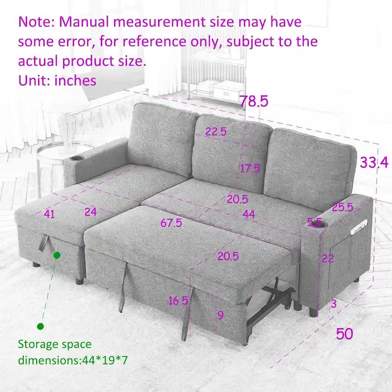 L-Shaped Comfortable Corduroy Combo Sofa with Pullout Bed and Storage