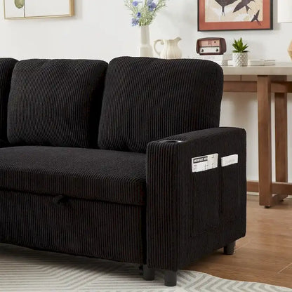 L-Shaped Comfortable Corduroy Combo Sofa with Pullout Bed and Storage