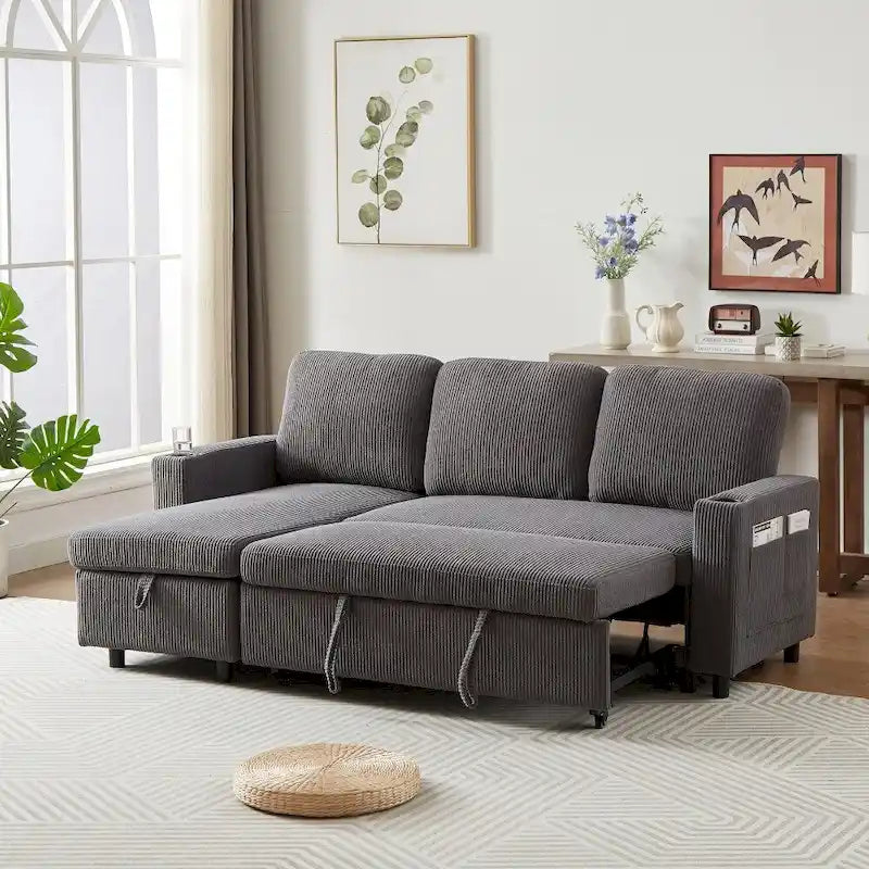 L-Shaped Comfortable Corduroy Combo Sofa with Pullout Bed and Storage