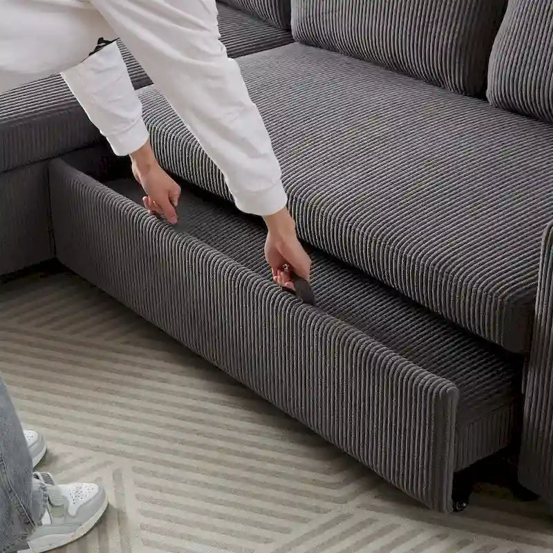 L-Shaped Comfortable Corduroy Combo Sofa with Pullout Bed and Storage