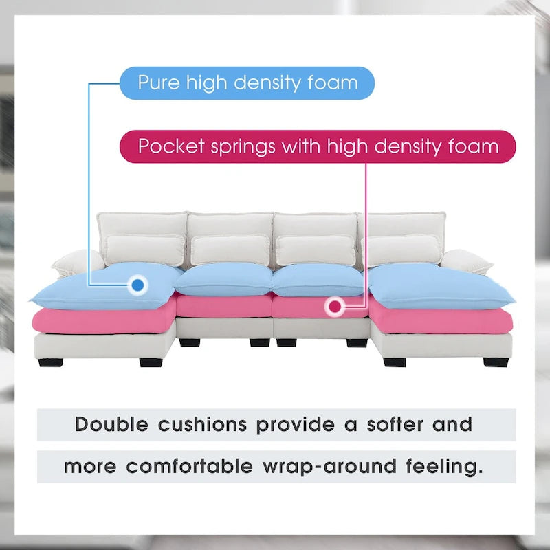 6-seat Upholstered Modern U-shaped Sectional Sofa with Waist Pillows,Sleeper Sofa Couch with Chaise Lounge,White