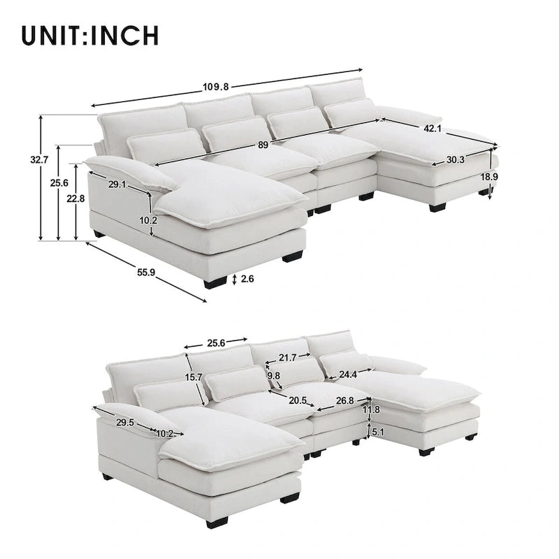 6-seat Upholstered Modern U-shaped Sectional Sofa with Waist Pillows,Sleeper Sofa Couch with Chaise Lounge,White