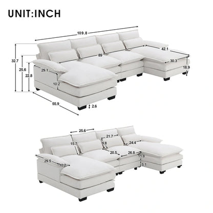 6-seat Upholstered Modern U-shaped Sectional Sofa with Waist Pillows,Sleeper Sofa Couch with Chaise Lounge,White