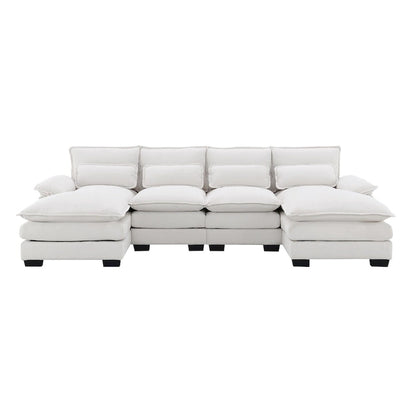 6-seat Upholstered Modern U-shaped Sectional Sofa with Waist Pillows,Sleeper Sofa Couch with Chaise Lounge,White
