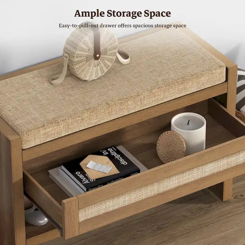 SICOTAS Rattan Shoe Bench Entryway Shoe Rack with Storage Organizer Drawer and Cushion