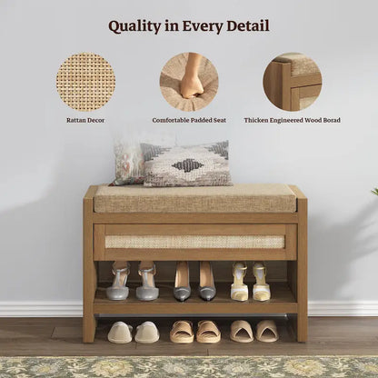 SICOTAS Rattan Shoe Bench Entryway Shoe Rack with Storage Organizer Drawer and Cushion