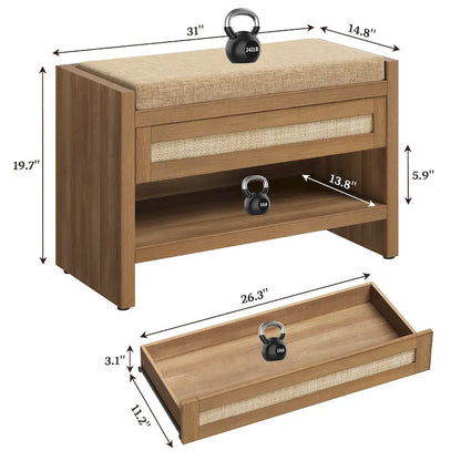 SICOTAS Rattan Shoe Bench Entryway Shoe Rack with Storage Organizer Drawer and Cushion