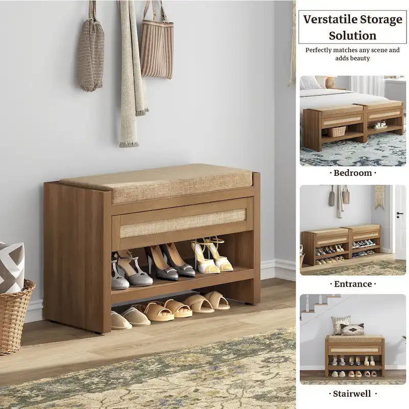 SICOTAS Rattan Shoe Bench Entryway Shoe Rack with Storage Organizer Drawer and Cushion