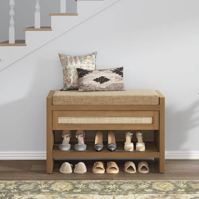 SICOTAS Rattan Shoe Bench Entryway Shoe Rack with Storage Organizer Drawer and Cushion