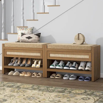 SICOTAS Rattan Shoe Bench Entryway Shoe Rack with Storage Organizer Drawer and Cushion
