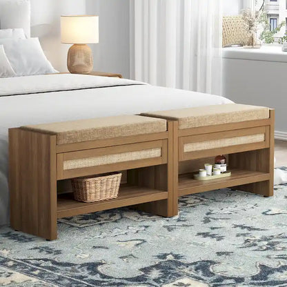 SICOTAS Rattan Shoe Bench Entryway Shoe Rack with Storage Organizer Drawer and Cushion