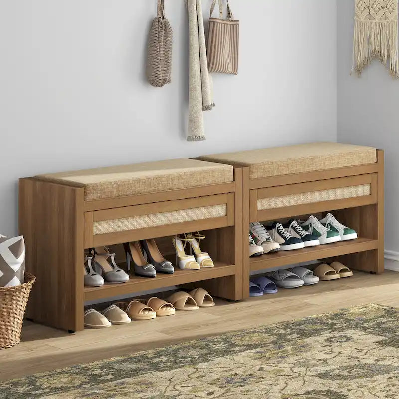 SICOTAS Rattan Shoe Bench Entryway Shoe Rack with Storage Organizer Drawer and Cushion