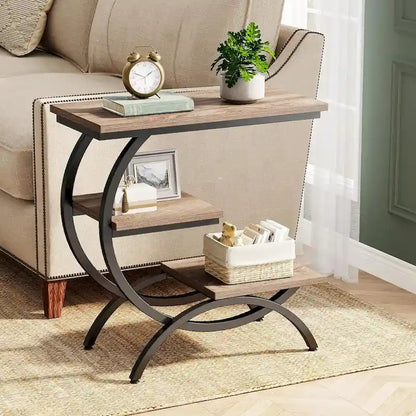 C-Shaped Side Table, 3-Tier Wood End Table with Storage Shelves, Brown