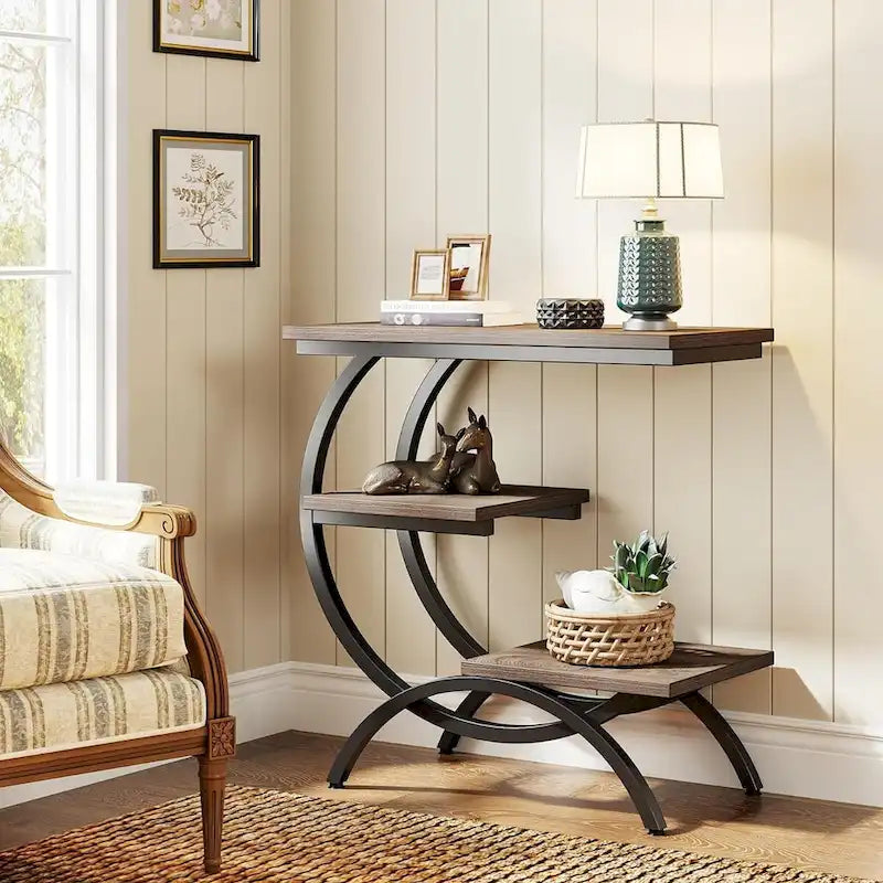 C-Shaped Side Table, 3-Tier Wood End Table with Storage Shelves, Brown