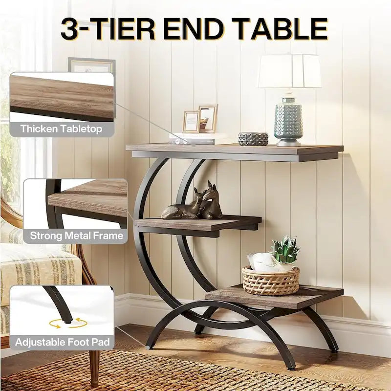 C-Shaped Side Table, 3-Tier Wood End Table with Storage Shelves, Brown