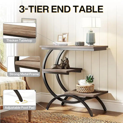 C-Shaped Side Table, 3-Tier Wood End Table with Storage Shelves, Brown
