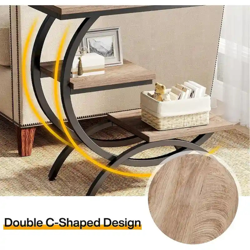 C-Shaped Side Table, 3-Tier Wood End Table with Storage Shelves, Brown